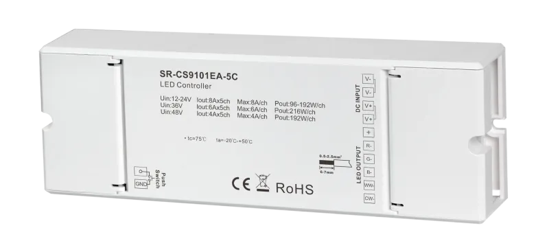 Casambi Bluetooth LED Controller 5 Kanal 12-48V RGBCCT perspektivische Ansicht