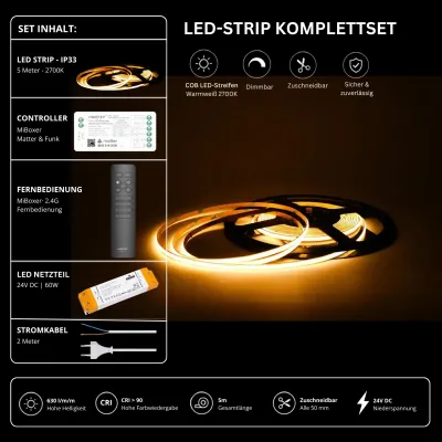 COB LED-Strip Komplettset 5 m – 24 V, 2700 K Warmweiß mit MiBoxer Matter & Funk COB LED-Strip Komplettset mit 5 m LED-Streifen in Warmweiß 2700 K, 24 V Netzteil, MiBoxer Matter & Funk Controller und 2,4 GHz Fernbedienung, CRI > 90
