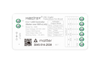 MiBoxer SM5 5-in-1 LED Controller – Matter over WiFi und 2,4 GHz Funk, RGB, RGBW, RGB+CCT, CCT und einfarbig, 12–24V DC, 12A, Apple HomeKit, Google Home, Alexa, Frontansicht