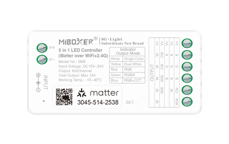 MiBoxer SM5 5-in-1 LED Controller – Matter over WiFi und 2,4 GHz Funk, RGB, RGBW, RGB+CCT, CCT und einfarbig, 12–24V DC, 12A, Apple HomeKit, Google Home, Alexa, Frontansicht