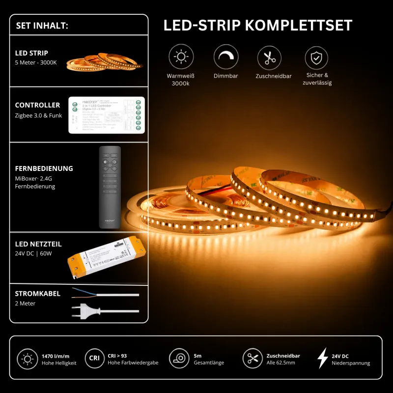LED Streifen Set Warmweiß 3000K mit 5 m SMD LED Streifen (24 V, 9 W/m, 1500 lm/m), SS60 Netzteil, SZ2 Zigbee 3.0 Controller und C1 Funkfernbedienung für dimmbare LED Beleuchtung im Innenbereich.