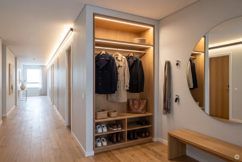 Maßgefertigte Holzgarderobe mit integrierter warmweißer LED-Beleuchtung und großem rundem Wandspiegel.