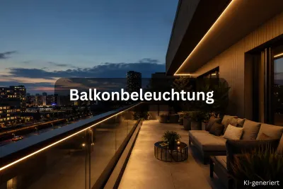 Moderne Balkonbeleuchtung mit indirekten LED-Lichtlinien entlang des Geländers und der Decke für stimmungsvolles Ambiente