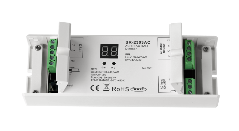 SR-2303AC DALI Phasenabschnitt-Dimmer 2-Kanal 100-240V AC DALI-2 DT6 für dimmbare LED-Lampen