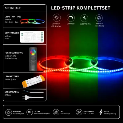 RGB LED Strip Komplettset mit 5 m COB RGB LED-Streifen, schwarzer MiBoxer 2,4 GHz Funk-Fernbedienung, Funk-Controller, 24V Netzteil und Anschlusskabel – dimmbar, zuschneidbar und ideal für dekorative LED-Beleuchtung.