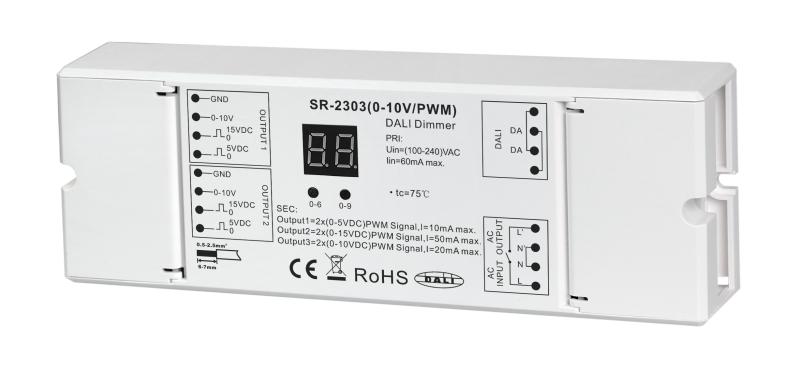 SR-2303 DALI auf 0-10V/PWM Konverter 2-Kanal mit Digital-Display und AC-Relais