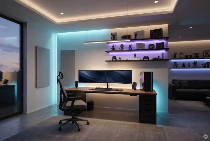 Modernes Gaming-Zimmer mit Holzschreibtisch, Zwei-Monitor-Setup, indirekter LED-Deckenbeleuchtung sowie lila und blauen Lichtakzenten an den Wandregalen.