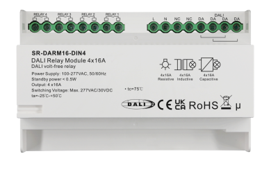 SR-DARM16-DIN4 DALI-2 Relaismodul mit vier potentialfreien Relaisausgängen für je 16 Ampere Schaltlast zur Einbindung nicht-DALI-fähiger Verbraucher in DALI-2 Lichtsteuerungen