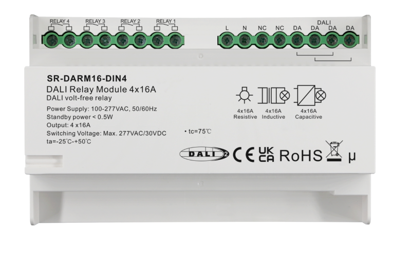 SR-DARM16-DIN4 DALI-2 Relaismodul mit vier potentialfreien Relaisausgängen für je 16 Ampere Schaltlast zur Einbindung nicht-DALI-fähiger Verbraucher in DALI-2 Lichtsteuerungen