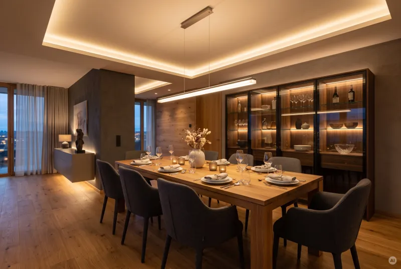 Hochwertig eingerichtetes Esszimmer mit aufeinander abgestimmten LED-Lichtzonen, Decken-Lichtvoute, beleuchteter Glasvitrine und gedecktem Tisch.