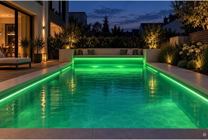 Moderner Gartenpool mit grünen LED Streifen entlang der Poolwände und unter einer integrierten Sitzbank