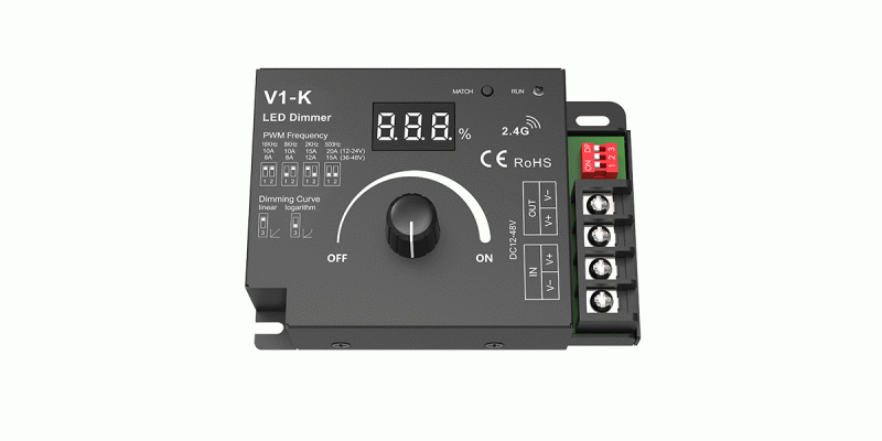 V1-K LED Dimmer 1 Kanal 12-48V 20A für einfarbige LED Streifen mit Konstantspannung und Drehregler