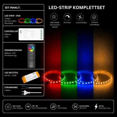 RGBW LED Streifen Komplettset 24V mit 5 m SMD LED Streifen 3000K, MiBoxer Funk Controller, 2.4G Fernbedienung und 150W Netzteil