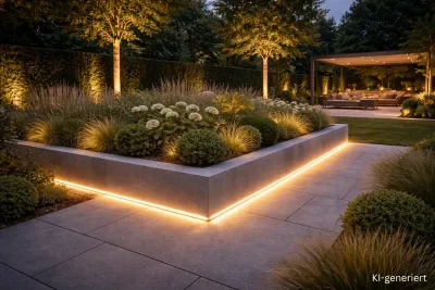 LED Neon Flex im Garten für indirekte Außenbeleuchtung entlang von Beeten und Wegen