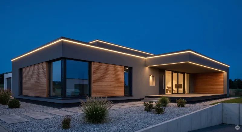 Freistehender eingeschossiger Bungalow mit dunkler Putz- und Holzfassade am Abend, dessen Dachlinie durch eine durchgehende warmweiße LED-Lichtleiste betont wird.