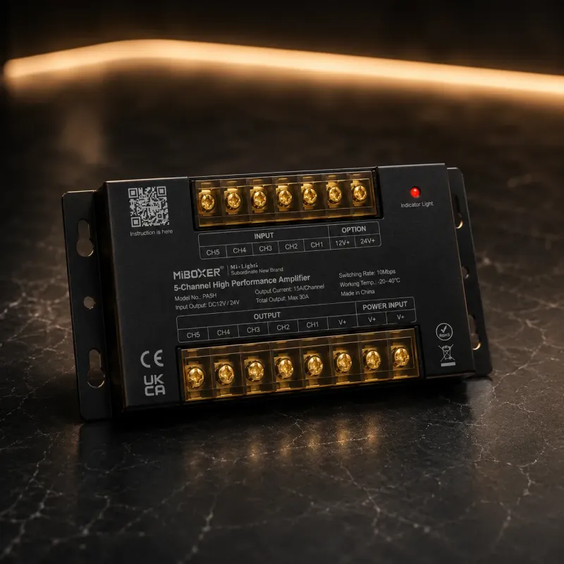 Hochwertiger 5-Kanal LED Verstärker für RGBW und RGBCCT Beleuchtung mit Aluminiumgehäuse