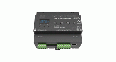 DH4 DALI DMX 4 Kanal Schaltaktor Front mit Anschlüssen LED Controller Modul DH4 DALI DMX 4 Kanal Schaltaktor Front Anschlüsse LED Controller DALI DMX Modul