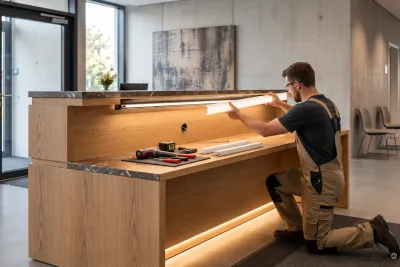 Nahaufnahme eines Schreiners, der die indirekte LED-Beleuchtung an einem maßgefertigten Holz-Empfangstresen installiert.