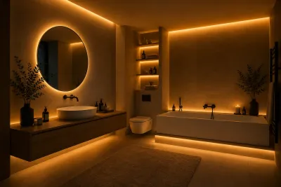 Modernes Badezimmer mit indirekter LED-Beleuchtung durch warmweiße 3000K LED-Streifen. Gleichmäßige Lichtlinien an Decke, Spiegel, Waschtisch und Badewanne sorgen für eine stilvolle Spa-Atmosphäre ohne sichtbare LED-Punkte