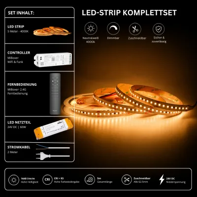 5 Meter LED-Streifen Komplettset in Neutralweiß 4000K mit MiBoxer WiFi & Funk Controller, schwarzer 2,4 GHz Fernbedienung, 24V LED-Netzteil und Anschlusskabel. Dimmbares LED-Band mit 1640 lm/m, CRI >93 und zuschneidbar alle 62,5 mm