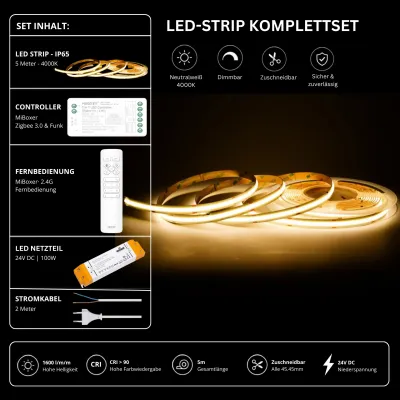 5 m LED-Strip Komplettset Neutralweiß 4000K IP65 mit 24V Netzteil, MiBoxer Zigbee 3.0 Funk-Controller, 2,4-GHz-Fernbedienung und 1600 lm/m