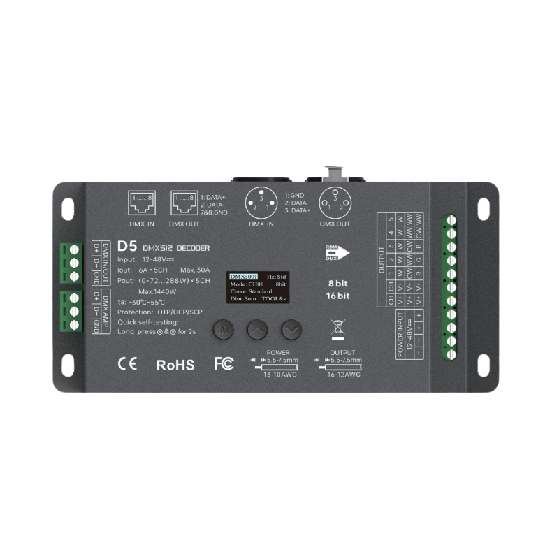 LTECH D5 DMX512/RDM LED Controller 5-Kanal 6A/Kanal, 12-48V DC, mit OLED Display, Konstantspannung