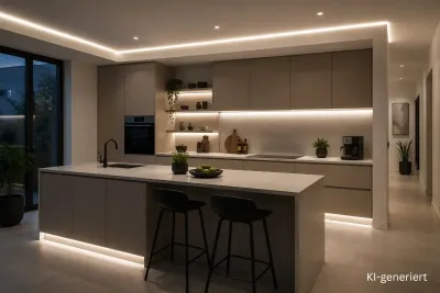 Moderne Küche mit indirekter LED-Beleuchtung durch neutralweiße 4000K LED-Streifen. Gleichmäßige Lichtlinien an Decke, Kücheninsel, Sockelleisten und Arbeitsfläche sorgen für eine helle, natürliche Ausleuchtung ohne sichtbare LED-Punkte