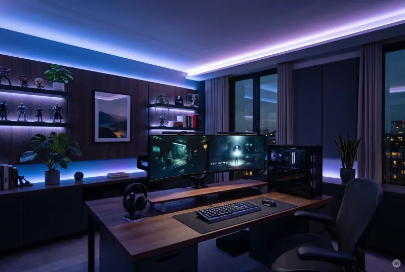 Weitwinkelaufnahme eines aufgeräumten Gaming-Zimmers mit klaren LED-Lichtzonen, indirekter Deckenbeleuchtung, violetten Wandregalen und blauen Akzenten.