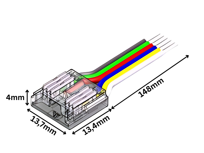 6-poliger lötfreier LED Strip-zu-Kabel Schnellverbinder für 12 mm COB RGBCCT LED Streifen mit 15 cm Anschlusskabel, 24 V DC kompatibel, werkzeuglose Verbindung, farbmarkierte Leitungen – SK-LED
