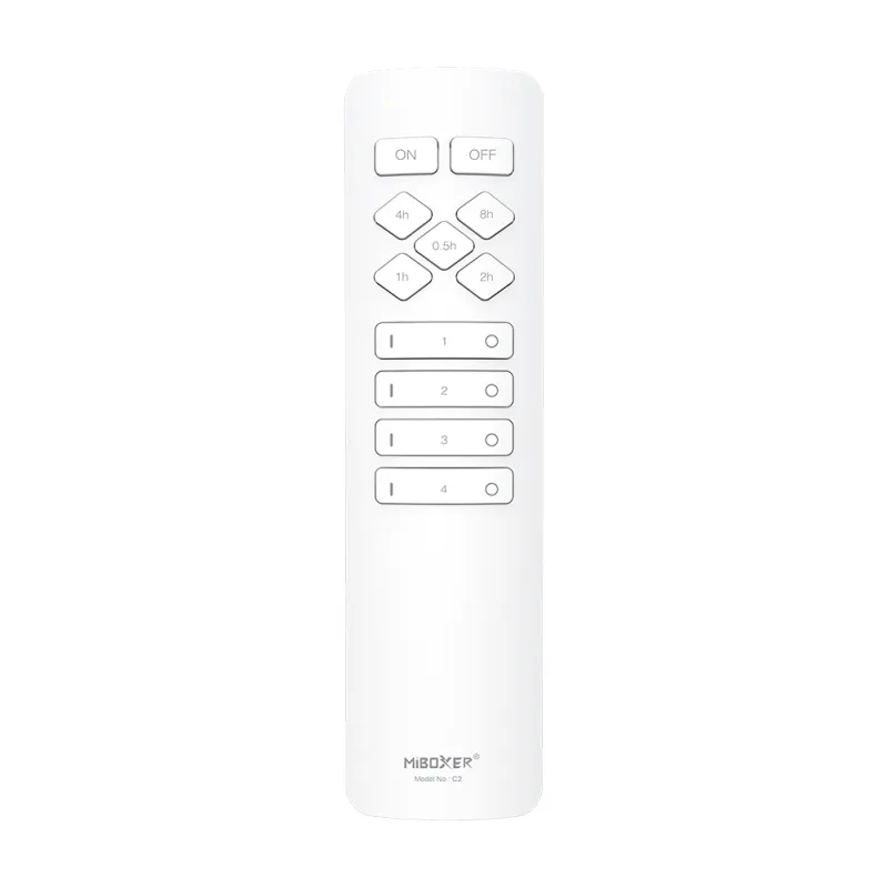 Miboxer LED Funkfernbedienung mit 2,4 GHz Funktechnologie und 4 Zonen Zeitsteuerung in Weiß. Ideal zur zeitgesteuerten Steuerung von LED-Beleuchtung, Lüftern und Smart-Home-Systemen.