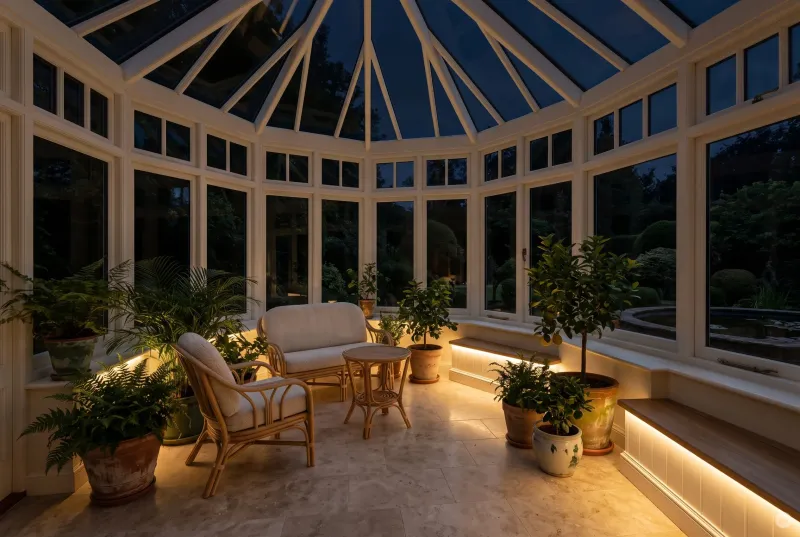 Klassischer weißer Wintergarten mit polygonalem Grundriss, Rattanmöbeln, vielen Pflanzen und dezentem warmweißem LED-Licht unter der Fenster- und Sitzbank.