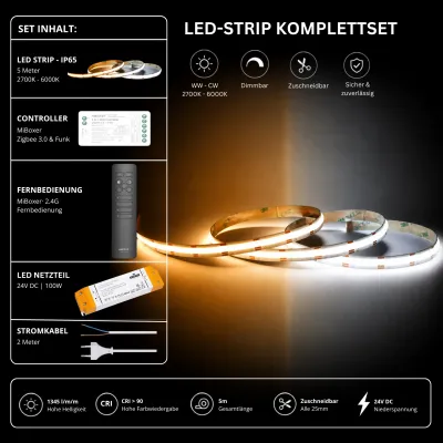 LED Streifen Komplettset mit 5 m IP65 CCT LED-Streifen (2700K–6000K), MiBoxer Zigbee 3.0 Controller, schwarzer 2,4 GHz Funk-Fernbedienung, 100W 24V LED-Netzteil und Stromkabel. Smart steuerbares LED-Set