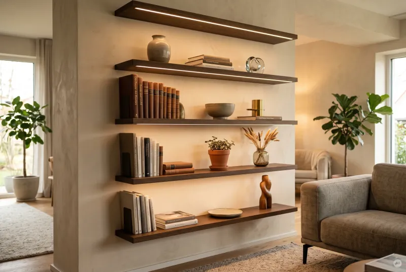 Dunkle Holz-Wandregale mit unsichtbar integrierten LED-Unterbaulichten, dekoriert mit Büchern, Vasen und Pflanzen in einem modernen Wohnbereich.
