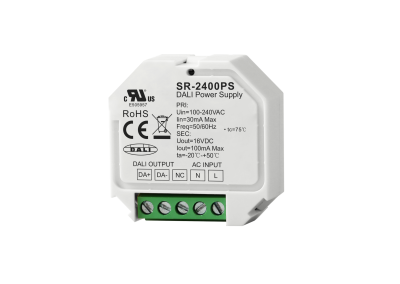SR-2400PS DALI Bus Netzteil – weißes Unterputz-Gehäuse mit DALI OUTPUT (DA+/DA-) und AC INPUT (N/L), 16V DC, 100mA, AC 100-240V, Frontansicht