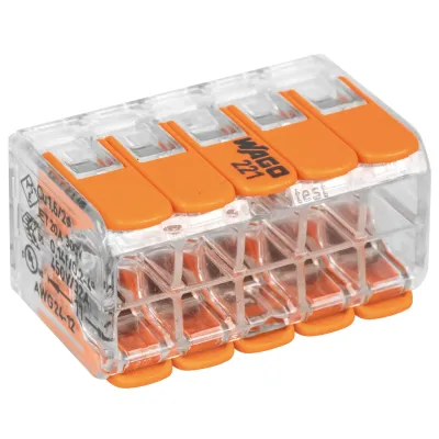WAGO 221-420 Verbindungsklemme – 10-polig, transparent, 450 V / 32 A WAGO 221-420 COMPACT Verbindungsklemme – 10-polig, transparent, für 0,02–4 mm² Leiter, 450 V / 32 A, werkzeuglose Hebelmontage
