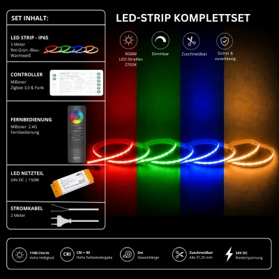 RGBW LED-Streifen Komplettset 5 m 24 V IP65 mit MiBoxer Zigbee 3.0 und Funk-Controller, schwarzer 2,4-GHz-Fernbedienung, 150-W-Netzteil und Stromkabel