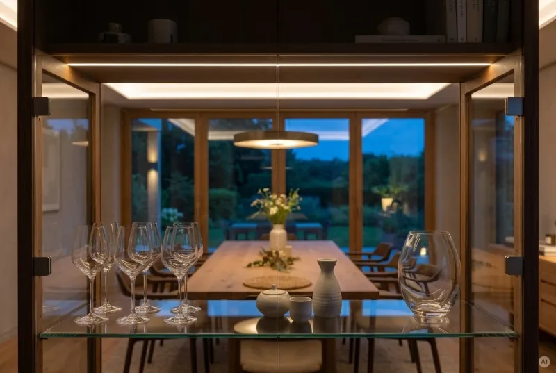 Blick durch eine beleuchtete Vitrine mit Weingläsern auf einen gedeckten Esstisch mit stimmungsvoller LED-Beleuchtung im Hintergrund.
