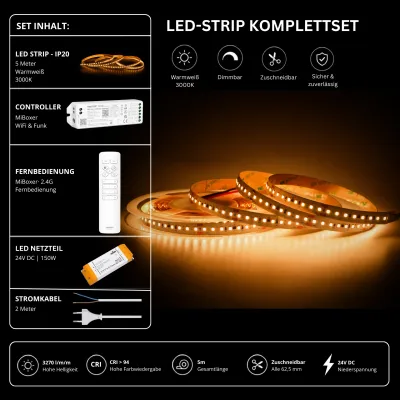 LED-Strip Komplettset Warmweiß 3000K IP20 – 5 m mit MiBoxer WiFi & Funk Controller, 24V Netzteil und Fernbedienung LED-Strip Komplettset Warmweiß 3000K IP20 mit 5 m SMD LED-Streifen, MiBoxer WiFi & Funk Controller, 2,4 GHz Fernbedienung, 24V Netzteil und Anschlusskabel – dimmbar, zuschneidbar und per WLAN sowie Funk steuerbar.