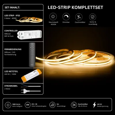 5 m LED-Strip Komplettset Neutralweiß 4000K mit 24V Netzteil, MiBoxer WiFi Funk-Controller, schwarzer 2,4-GHz-Fernbedienung und 1600 lm/m