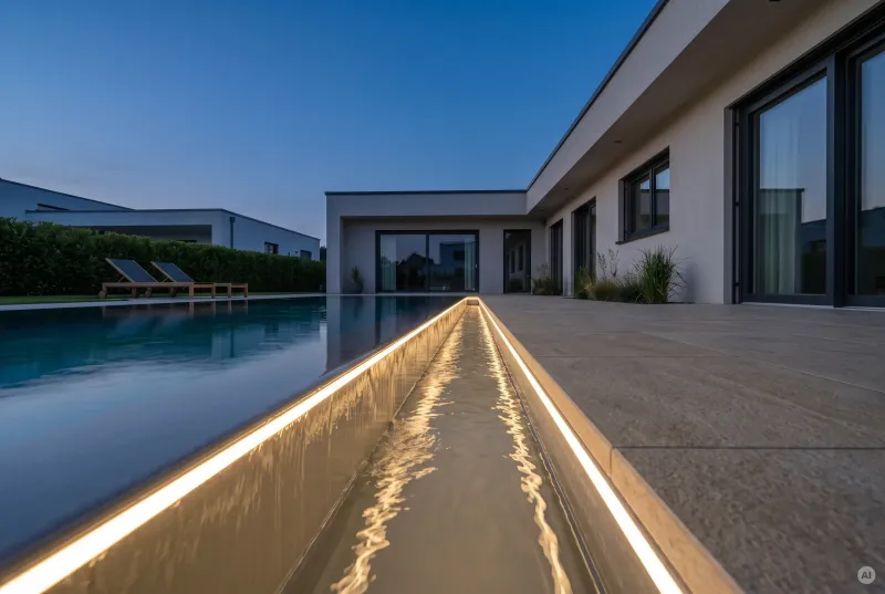 Schlanker Überlaufpool an einem modernen Bungalow mit bündig integrierter Lichtlinie entlang der langen Beckenkante