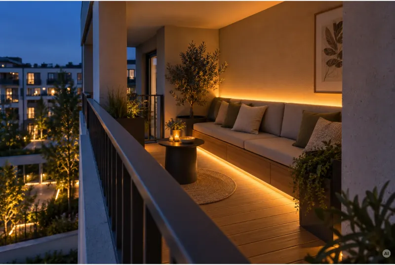 Gemütliche Balkon-Lounge mit Holzbank, indirekter LED-Sockelbeleuchtung, warmem Wandlicht und Blick auf die nächtliche Stadt.