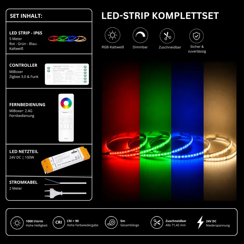 LED Streifen Set RGBW Kaltweiß 6000K IP65 mit 5 m COB LED Streifen, SZ5 Zigbee 3.0 Controller, SS100 Netzteil und C5 Funk-Fernbedienung in Weiß.