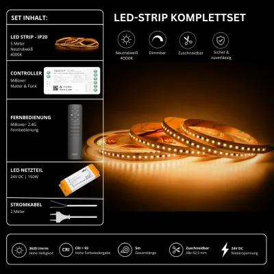 LED-Streifen Komplettset 24V Matter 4000K LED-Streifen Komplettset 24V mit 5 m SMD LED-Streifen in Neutralweiß 4000K, 3620 lm/m, CRI über 93, MiBoxer Matter Funk-Controller, schwarzer 2.4G Fernbedienung und 150W Netzteil