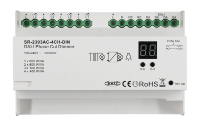 SR-2303AC-4CH-DIN DALI Phasenabschnitt-Dimmer 4-Kanal Hutschiene 100-240V AC 1,8A DALI-2 DT6 mit Push DIM