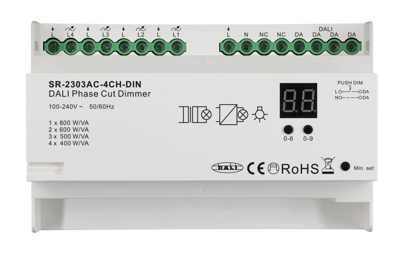 SR-2303AC-4CH-DIN DALI Phasenabschnitt-Dimmer 4-Kanal Hutschiene 100-240V AC 1,8A DALI-2 DT6 mit Push DIM