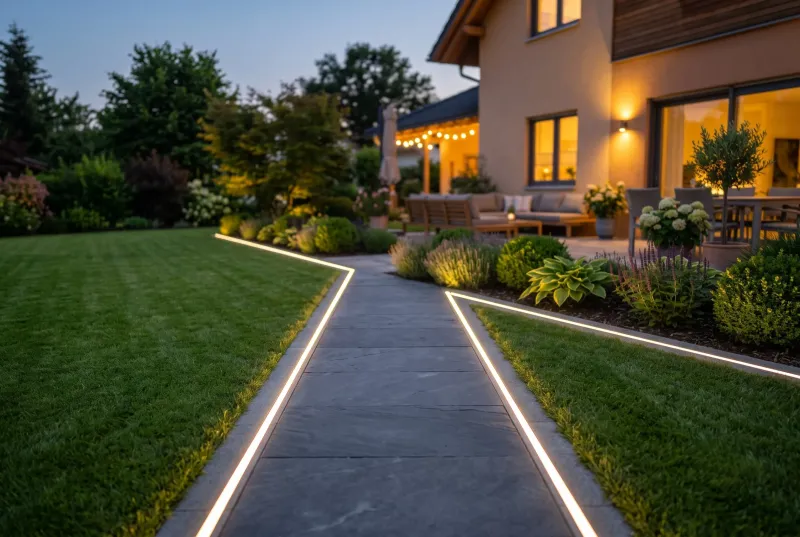 Ein gerader Plattenweg aus Naturstein bei Nacht, der von zwei parallelen, bodenbündigen warmweißen LED-Lichtleisten eingefasst ist und zu einer Terrasse führt.