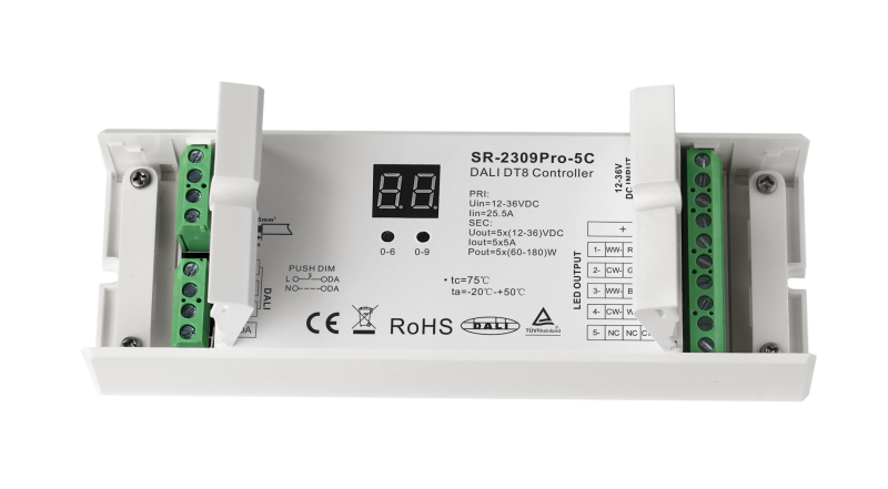 SR-2309PRO-5C DALI-2 DT8 LED Controller, 5-Kanal, 12-48V DC, 5×5A, 8-in-1 Farbsteuerung, Push DIM