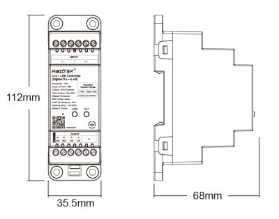 MiBoxer TZ2 technische Zeichnung mit Abmessungen Art. 23002 MiBoxer TZ2 2-in-1 LED-Controller für Hutschiene technische Zeichnung mit Abmessungen 112 mm x 35,5 mm x 68 mm Art. 23002