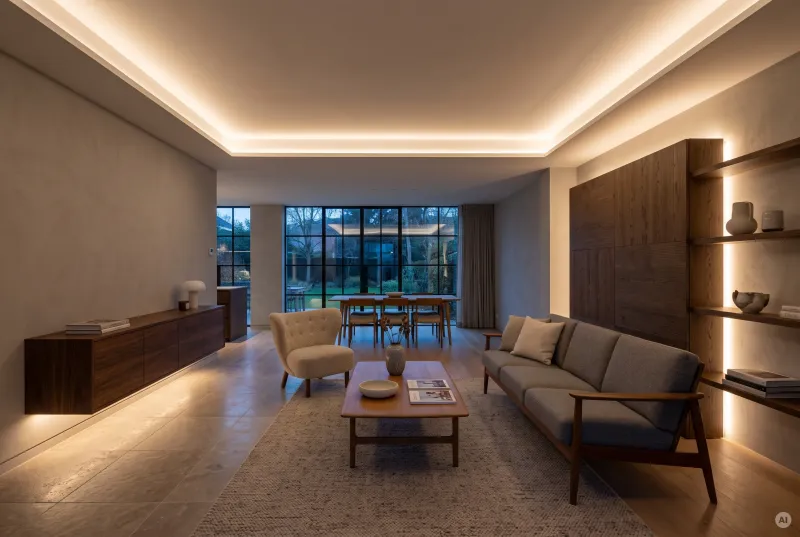 Moderner Wohnraum mit warmer indirekter LED-Deckenvoute, beleuchtetem Wandpaneel und schwebendem Sideboard.
