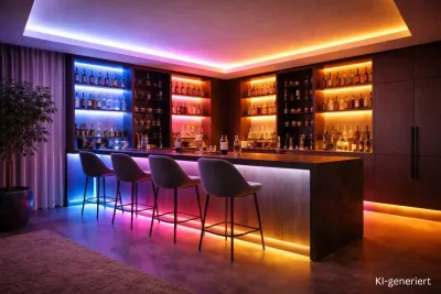 RGBCCT LED Streifen für farbige und weiße Lichtkonzepte | SK-LED Moderne Hausbar mit RGBCCT LED Streifen und indirekter farbiger sowie warmweißer Beleuchtung